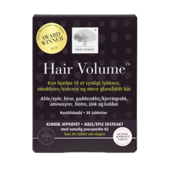New Nordic Hair Volume™ tabletter med æbleekstrakt, der hjælper med at vedligeholde normalt hår samt normal hud- og neglesundhed. Produktet er udviklet til daglig hårpleje og næring indefra.