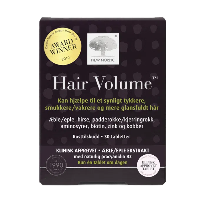 Home 13 New Nordic Hair Volume™ tabletter med æbleekstrakt, der hjælper med at vedligeholde normalt hår samt normal hud- og neglesundhed. Produktet er udviklet til daglig hårpleje og næring indefra.