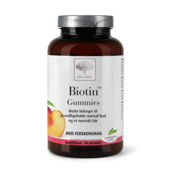 New Nordic Biotin™ Gummies med ferskensmag, bidrager til at vedligeholde normal hud, normalt hår og et normalt stofskifte.