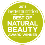 Prisbadge for “Best of Natural Beauty Award Winner 2015” fra Better Nutrition, vist i et grønt cirkulært design.