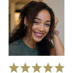 Woman smiling with five stars displayed underneath.