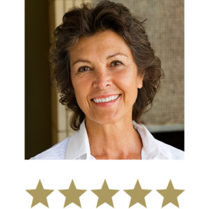 Woman smiling with five stars displayed underneath.