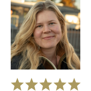 Woman smiling with five stars displayed underneath.