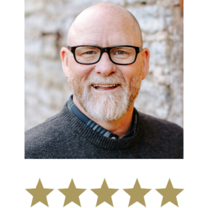 Man smiling with five stars displayed underneath.