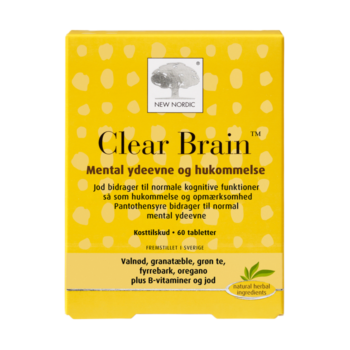 New Nordic Clear Brain™ med valnød, granatæble, grøn te, fyrrebark, B-vitaminer og jod, bidrager til normale kognitive funktioner som hukommelse og opmærksomhed samt normal mental ydeevne.