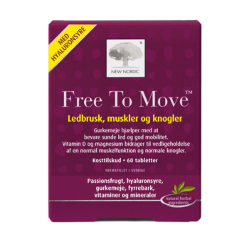 New Nordic Free To Move™ kosttilskud med hyaluronsyre, gurkemeje, vitaminer og mineraler, udviklet til at støtte ledbrusk, muskler, knogler og bevægelighed.