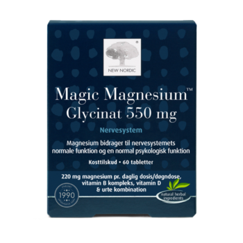 New Nordic Magic Magnesium Glycinat 550 mg™ med magnesium, B-vitaminer, vitamin D og urter, hvor magnesium bidrager til nervesystemets normale funktion og en normal psykologisk funktion.