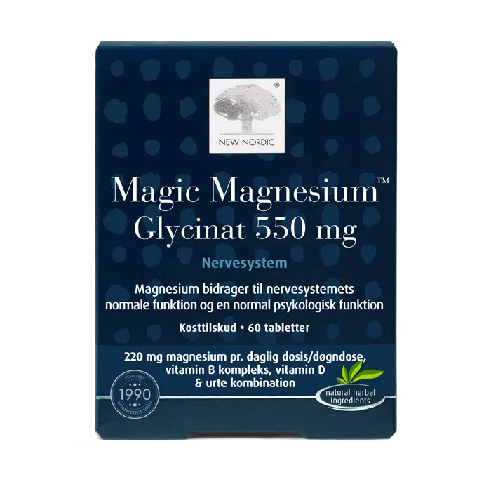 Home 18 New Nordic Magic Magnesium Glycinat 550 mg™ med magnesium, B-vitaminer, vitamin D og urter, hvor magnesium bidrager til nervesystemets normale funktion og en normal psykologisk funktion.