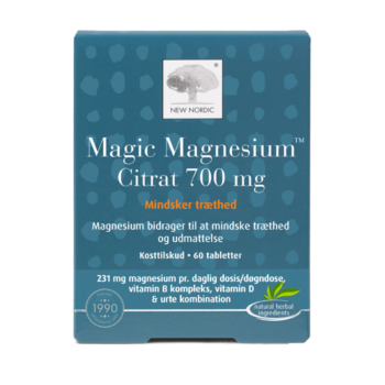New Nordic Magic Magnesium Citrat 700 mg™ med magnesium, B-vitaminer, vitamin D og urter, hvor magnesium bidrager til at mindske træthed og udmattelse.