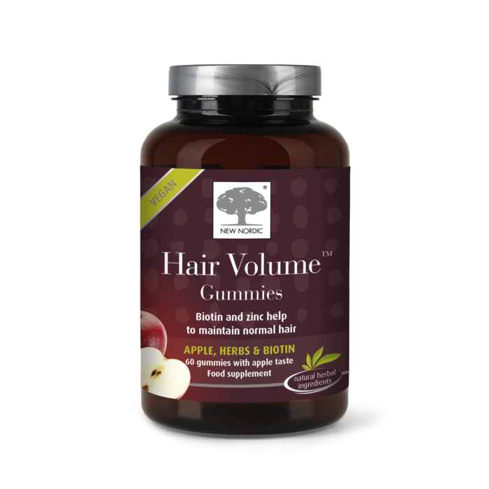 Home 19 New Nordic Hair Volume™ Gummies with biotin and zinc, helping maintain normal hair, skin and nails in an easy gummy format.