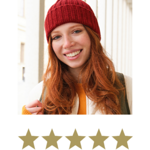 Irish™ Sea Moss 3 Woman smiling with five stars displayed underneath.