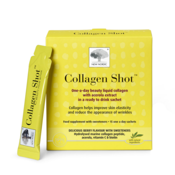 New Nordic Collagen Shots™ help maintain skin elasticity and contributes to reduced appearance of wrinkles, with hydrolysed marine collagen, vitamin C, acerola, and biotin. Image of product.