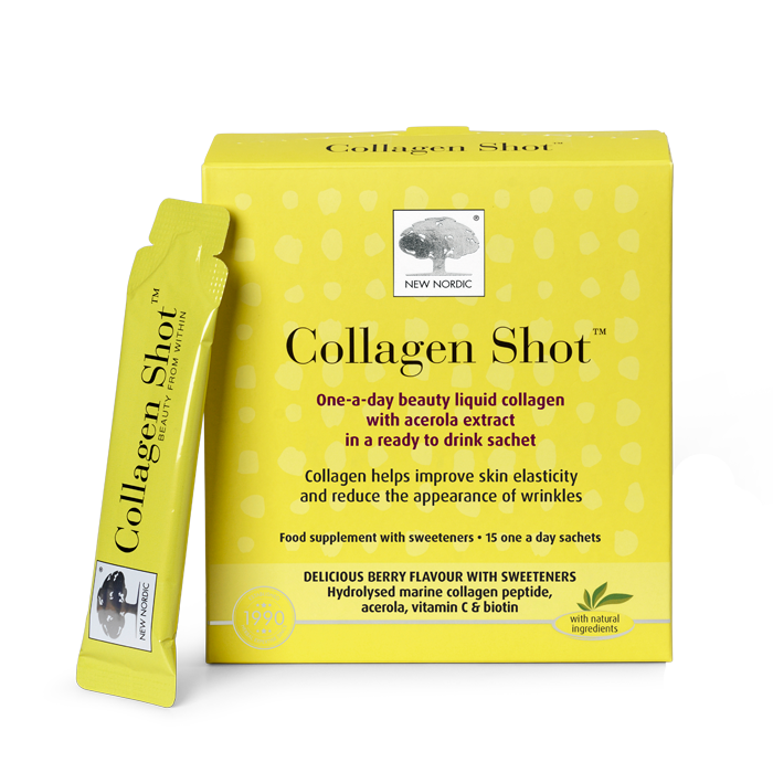 Home 20 New Nordic Collagen Shots™ help maintain skin elasticity and contributes to reduced appearance of wrinkles, with hydrolysed marine collagen, vitamin C, acerola, and biotin. Image of product.