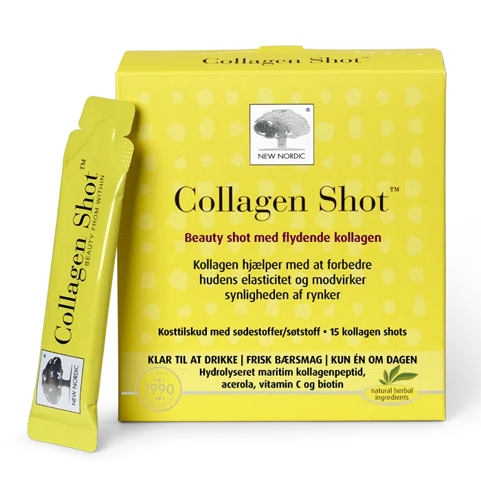 Home 20 New Nordic Collagen Shot™ med flydende kollagen, acerola, vitamin C og biotin, hjælper med at forbedre hudens elasticitet og modvirker synligheden af rynker.