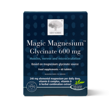 New Nordic Magic Magnesium™ Glycinate tablets help maintain muscle, nerve, and energy function, support microcirculation, and provide B and D vitamins, with magnesium and pine bark. Image of product.