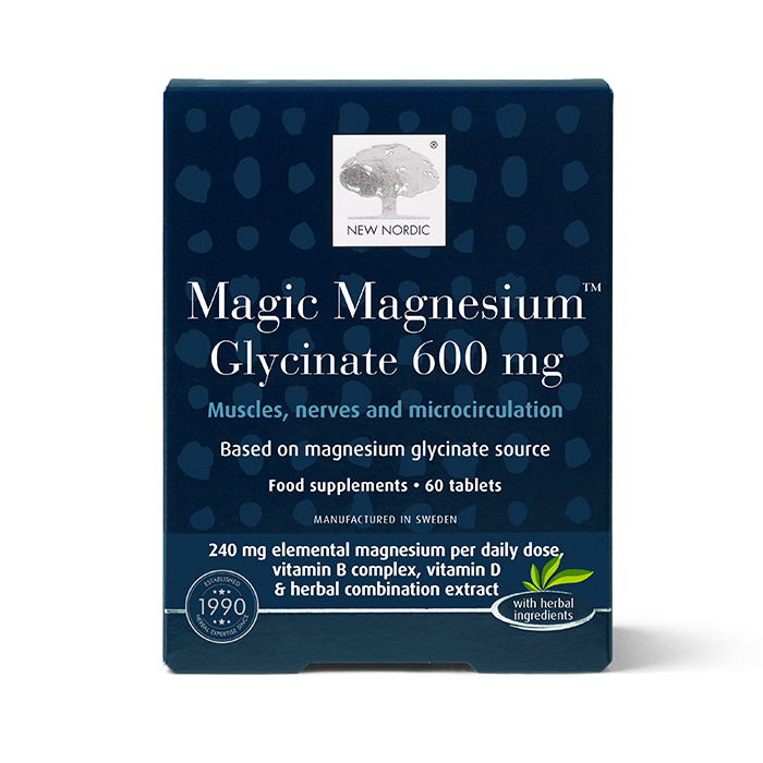 Home 18 New Nordic Magic Magnesium™ Glycinate tablets help maintain muscle, nerve, and energy function, support microcirculation, and provide B and D vitamins, with magnesium and pine bark. Image of product.