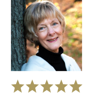 Melissa Dream™ 3 Older Woman smiling, against a tree with five stars beneath