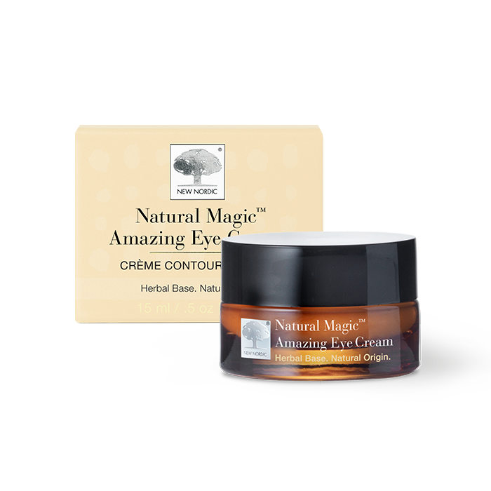 New Nordic Natural Magic™ Amazing Eye Cream, lifts and firms the eye area while moisturizing and protecting skin with hyaluronic acid, sea buckthorn, sunflower oil, vitamin E, and pomegranate.