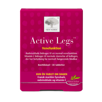 New Nordic Active Legs™ tabletter med røde vinblade, fyrrebark og vitamin C, bidrager til at vedligeholde sunde vener og blodkar samt mindske trætte og tunge ben.