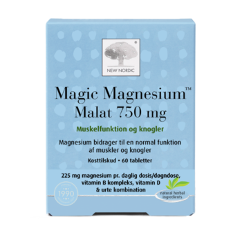 New Nordic Magic Magnesium Malat 750 mg™ med magnesium, B-vitaminer, vitamin D og urter, hvor magnesium bidrager til normal muskelfunktion og vedligeholdelse af normale knogler.