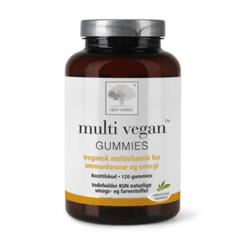 New Nordic Multi Vegan Gummies™ er et vegansk multivitamintilskud med vitaminer og mineraler, der bidrager til immunforsvarets normale funktion og et normalt energistofskifte.