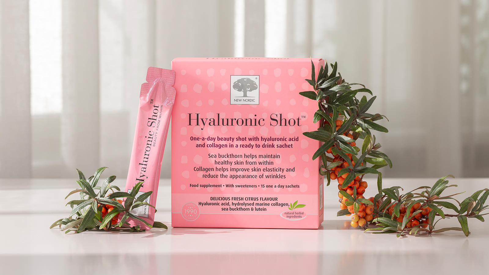 Hyaluronic Acid Shot now in a Sachet – Discover Hyaluronic Shot™ 8 Product image of New Nordic Hyaluron Shot™, 30 shots, on a light background