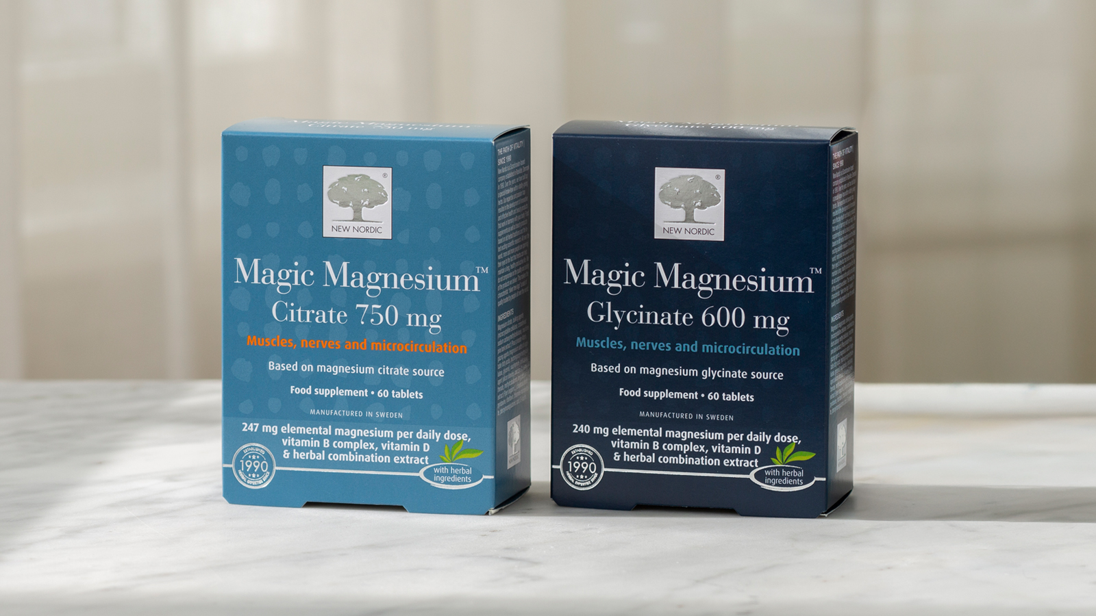 Magnesium Glycinate vs Magnesium Citrate 30 Blue packages of Magic Magnesium™ Citrate 750 mg and Magic Magnesium™ Glycinate 600 mg displayed together.