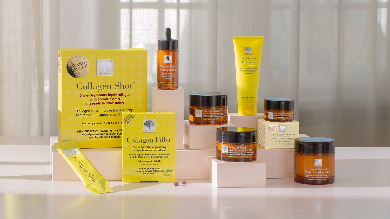 Beauty In & Out by New Nordic: Embrace Holistic Beauty with Nature's Power 5 New Nordic products displayed together.