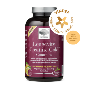 New Nordic Longevity Creatine Gold™ Gummies med kreatin, som øger den fysiske præstation ved gentagne kraftanstrengelser i forbindelse med kortvarig højintensiv træning, vist med Danish Beauty Award 2026-vinderbadge.