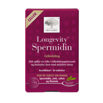 New Nordic Longevity Spermidin™ med spermidin, zink, selen og thiamin, hvor zink spiller en rolle i celledelingsprocessen og bidrager til at beskytte cellerne mod oxidativt stress.
