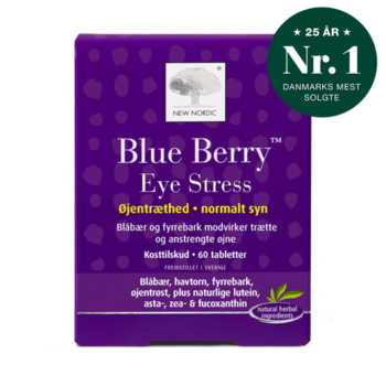 New Nordic Blue Berry Eye Stress™ med blåbær, fyrrebark, øjentrøst og lutein, modvirker trætte og anstrengte øjne og bidrager til et normalt syn.