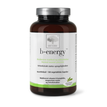 New Nordic b-energy™ med højdoseret B-vitamin-kompleks, magnesium og urteekstrakter, hjælper med at forebygge træthed og udmattelse samt understøtte normal mental ydeevne.