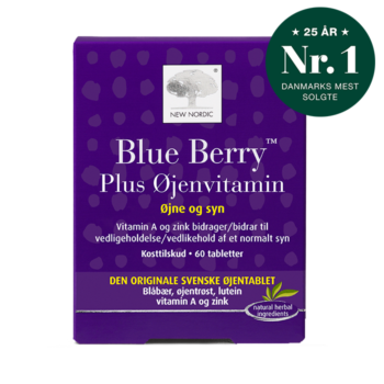 New Nordic Blue Berry Plus Øjenvitamin™ med blåbær, øjentrøst, lutein, vitamin A og zink, bidrager til at vedligeholde et normalt syn.