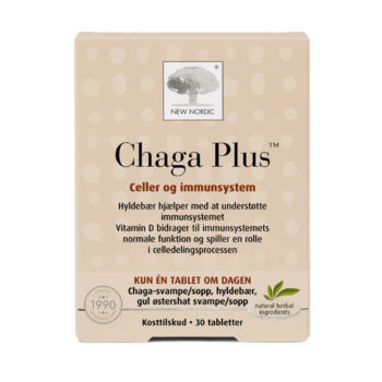 New Nordic Chaga Plus™ med chaga-svamp, hyldebær, gul østershat og vitamin D, hjælper med at understøtte immunsystemet.