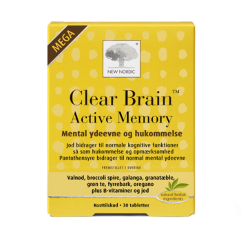 New Nordic Clear Brain Active Memory™ med valnød, broccoli spirer, galanga, granatæble, grøn te, fyrrebark, B-vitaminer og jod, bidrager til normale kognitive funktioner som hukommelse og opmærksomhed samt normal mental ydeevne.