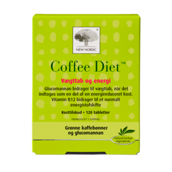 New Nordic Coffee Diet™ med grønne kaffebønner og glucomannan, bidrager til vægttab som en del af en energireduceret kost og til et normalt energistofskifte.