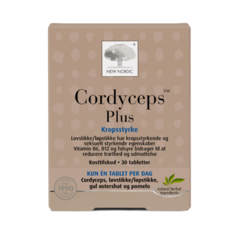 New Nordic Cordyceps Plus™ med cordyceps, løvstikke, gul østershat og pomelo. Vitamin B6, B12 og folsyre bidrager til at reducere træthed og udmattelse.