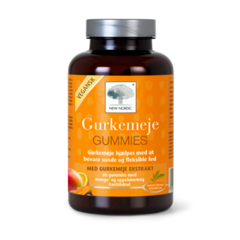 New Nordic Gurkemeje Gummies™ kosttilskud med gurkemejeekstrakt, der hjælper med at bevare sunde og fleksible led. Veganske gummies med mango- og appelsinsmag i brun flaske med orange etiket.