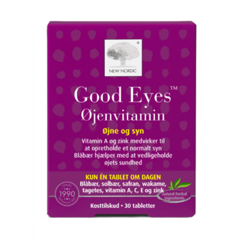 New Nordic Good Eyes™ kosttilskud med blåbær, safran, wakame, tagetes, vitaminer og zink, udviklet til at støtte øjnenes sundhed og hjælpe med at opretholde et normalt syn.