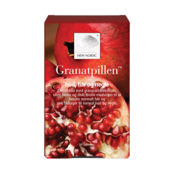 New Nordic Granatpillen™ kosttilskud med granatæbleekstrakt, biotin og zink, udviklet til at støtte hud, hår og negle med fokus på daglig skønhedspleje indefra.