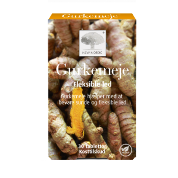 New Nordic Gurkemeje™ kosttilskud med gurkemeje, der hjælper med at bevare sunde og fleksible led. Produktpakning med billede af gurkemejerødder og vegansk mærkning.