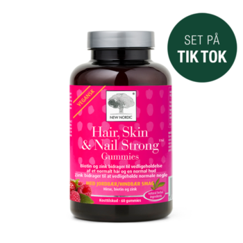 New Nordic Hair, Skin & Nail Strong™ Gummies med jordbær- og hindbærsmag, hvor biotin og zink bidrager til vedligeholdelse af normalt hår, hud og negle, vist med et “Set på TikTok”-mærke.