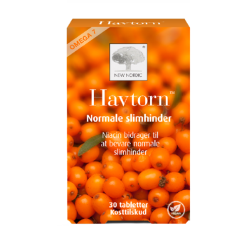 New Nordic Havtorn™ med omega 7 og havtornbær, hvor niacin bidrager til at bevare normale slimhinder, vist på emballage med et nærbillede af orange havtornbær.
