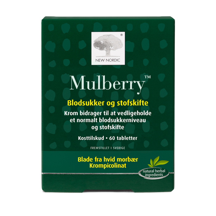 di_webpackshot_mulberry_60_dk New Nordic Mulberry™ med blade fra hvid morbær og krom, hvor krom bidrager til at vedligeholde et normalt blodsukkerniveau og et normalt stofskifte.