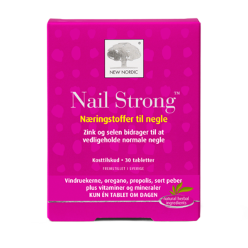 New Nordic Nail Strong™ med zink, selen, vindruekerner, oregano og propolis, hvor zink og selen bidrager til at vedligeholde normale negle.