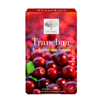 New Nordic Tranebær™ kosttilskud i rød æske med billede af friske tranebær på forsiden. Én tablet om dagen.