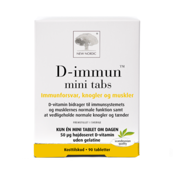 New Nordic D-immun™ mini tabs med D-vitamin, bidrager til immunsystemets og musklernes normale funktion samt til at vedligeholde normale knogler og tænder.