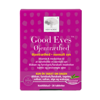 New Nordic Good Eyes™ kosttilskud med blåbær, fyrrebark, safran og vitamin A, udviklet til at støtte normalt syn og hjælpe mod trætte og anstrengte øjne.